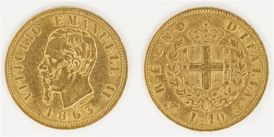 מטבע זהב עתיק המלך ויקטור עמנואל השני 10 לירות רומא איטליה שנת 1863