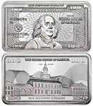 מטיל כסף בעיצוב שטר של 100 דולר בנג'מין פרנקלין, 10 אונקיות ארה"ב