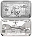 מטיל כסף בעיצוב שטר של 100 דולר בנג'מין פרנקלין, 5 אונקיות ארה"ב