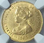 מטבע זהב עתיק המלכה איזבלה השנייה  40 ריאל מדריד ספרד שנת 1863 2