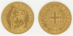 מטבע זהב עתיק המלך ויקטור עמנואל השני 10 לירות רומא איטליה שנת 1863
