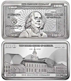 מטיל כסף בעיצוב שטר של 100 דולר בנג'מין פרנקלין, 10 אונקיות ארה"ב