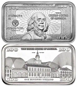 מטיל כסף בעיצוב שטר של 100 דולר בנג'מין פרנקלין, 5 אונקיות ארה"ב