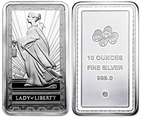 מטיל כסף PAMP גברת החירות 10 אונקיות ארה"ב