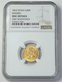 מטבע זהב עתיק המלכה איזבלה השנייה  40 ריאל מדריד ספרד שנת 1863