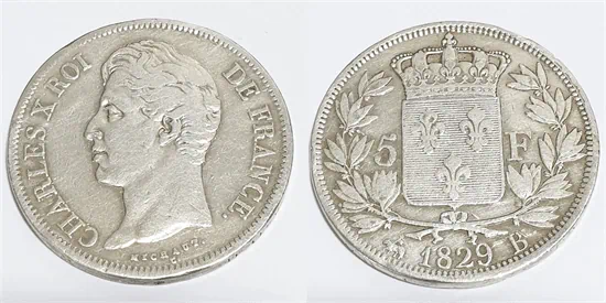 מטבע כסף עתיק קארל X צרפת 5 פרנק שנת 1829 B