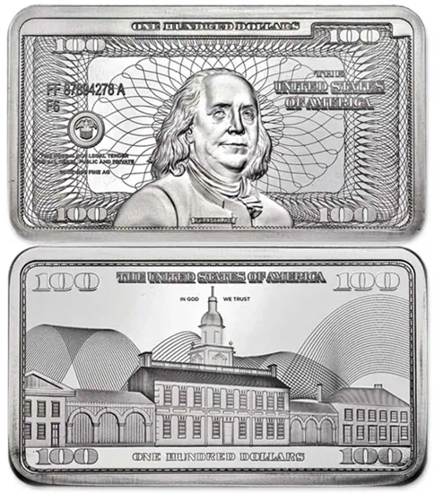 מטיל כסף בעיצוב שטר של 100 דולר בנג'מין פרנקלין, 10 אונקיות ארה"ב