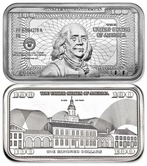 מטיל כסף בעיצוב שטר של 100 דולר בנג'מין פרנקלין, 5 אונקיות ארה"ב