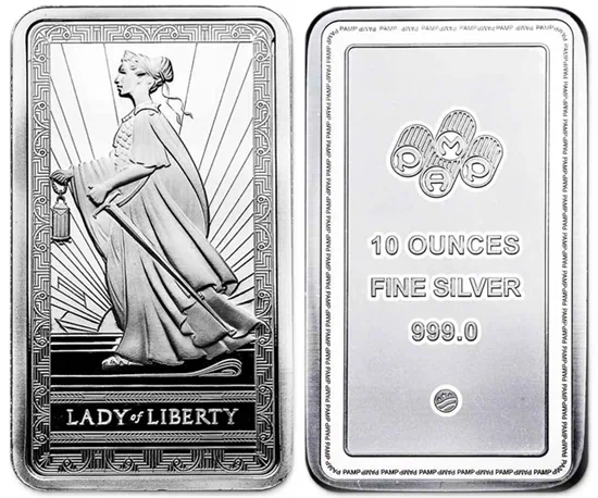 מטיל כסף PAMP גברת החירות 10 אונקיות ארה"ב