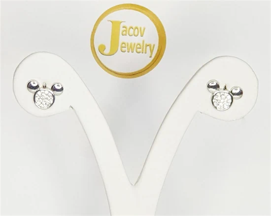 זוג עגילים דגם מיקי מאוס עם אבני זירקון אוזניים חלקות סוגר פרפר בכסף 925